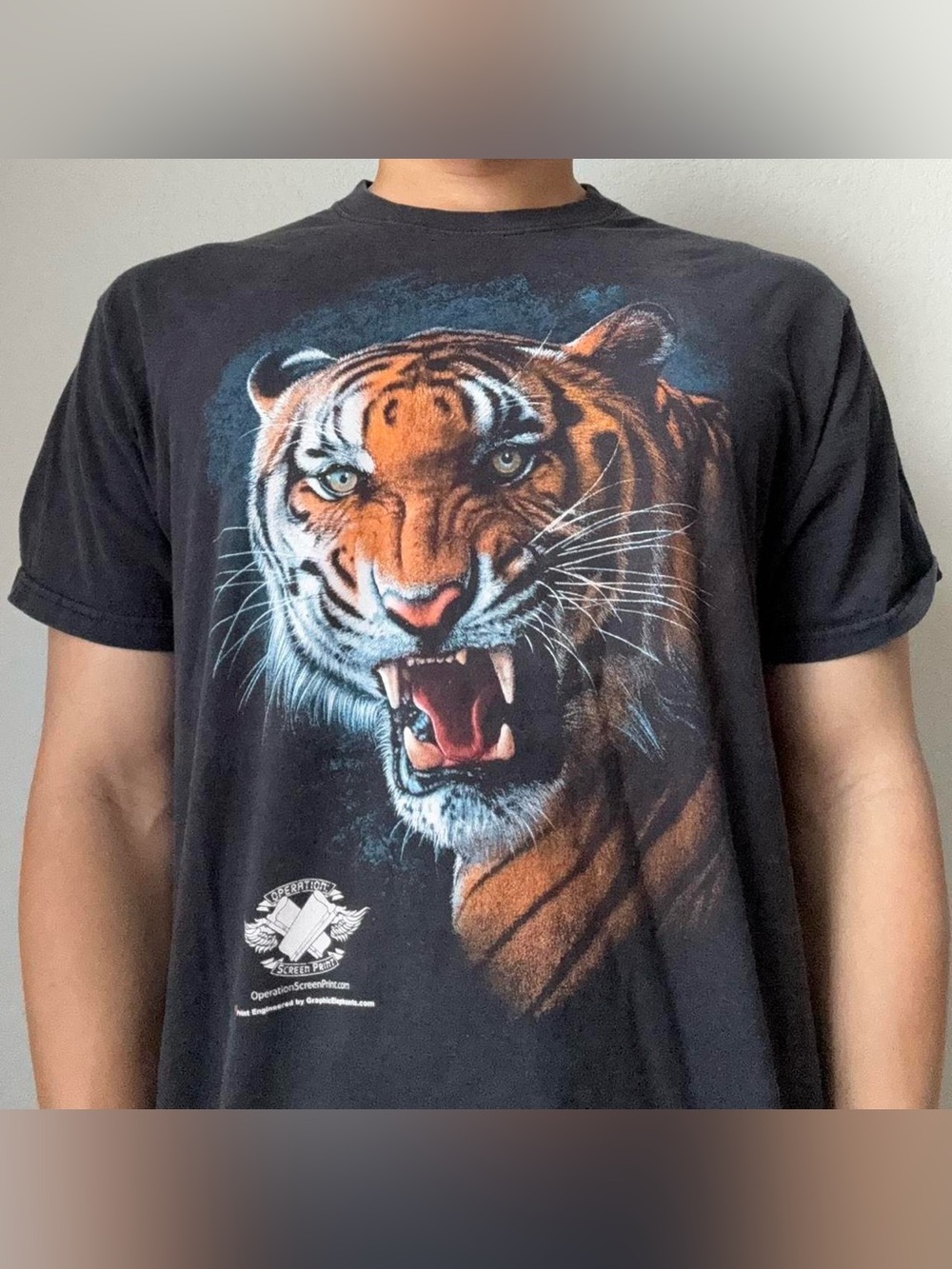 Vintage 2000s Siberian Tiger AOP Graphics Black Tee Shirt